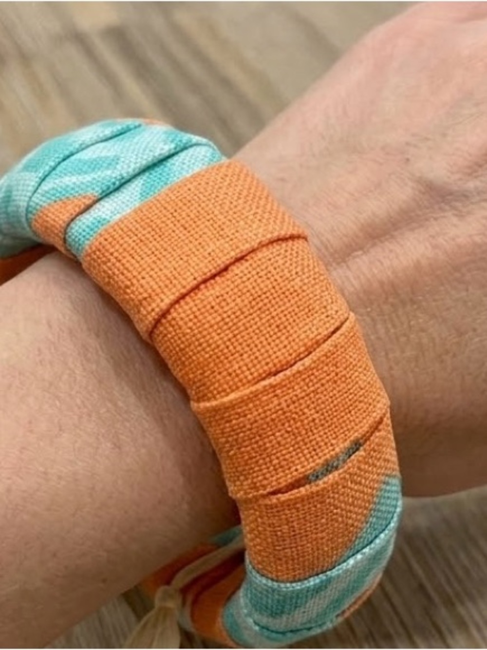 Handmade Orange and Teal Fabric Wrapped Chunky Bangle Bracelet